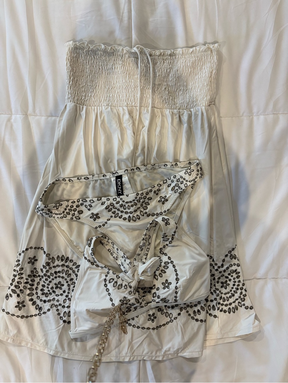 DKNY Cream Strapless Smocked Sundress with matching bikini